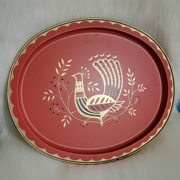 MCM Folk Art Peacock Shiny Pink Metal Cocktai Tray - Picture 2 of 5